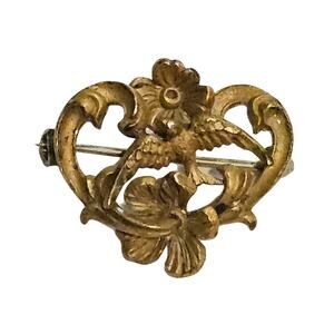 Antique Plainville Stock Co. Brass Sparrow & Flower Brooch - C Clasp